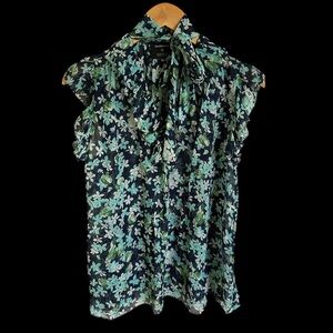Zimmermann Womens 0 XS/S 100% Silk Floral Print Blouse Tank Ruffle Tie Neck Blue